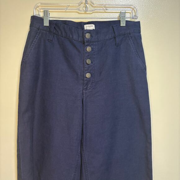 J Crew Factory Navy Wide Leg Button Front Pant Slub Cotton Cropped Trouser SZ 27 - Picture 4 of 12